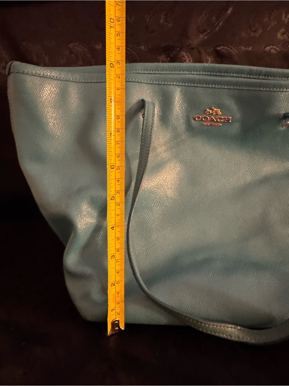 Coach Turquoise Leather Tote Bag - Bright Teal Shoulder Tote - Picture 6 of 8